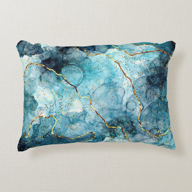 Blauer und goldener glänzender Marmor Dekokissen (Vorderseite)