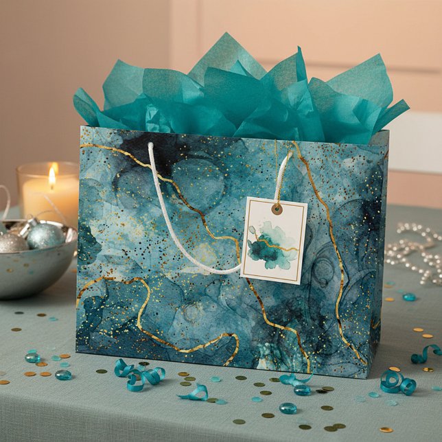 Blauer und goldener glänzender Marmor Große Geschenktüte (Von Creator hochgeladen)
