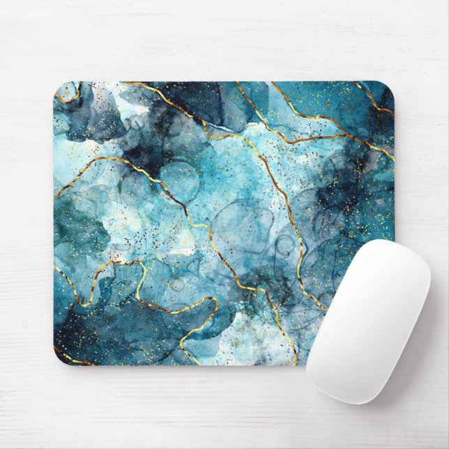 Blauer und goldener glänzender Marmor Mousepad (Mit Mouse)