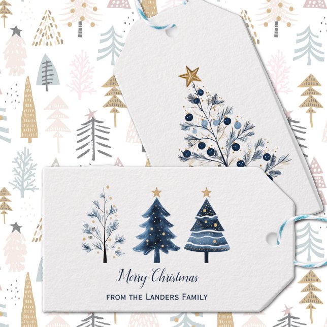 Blauer und goldener Personalisierter Weihnachtsbau Geschenkanhänger (Modern Blue and Gold Personalized Merry Christmas Trees Gift Tag Front and Back)