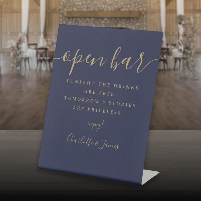 Blauer und goldener Signaturskript Offener Bar Sockelschild (Navy Blue And Gold Signature Script Open Bar Pedestal Sign)