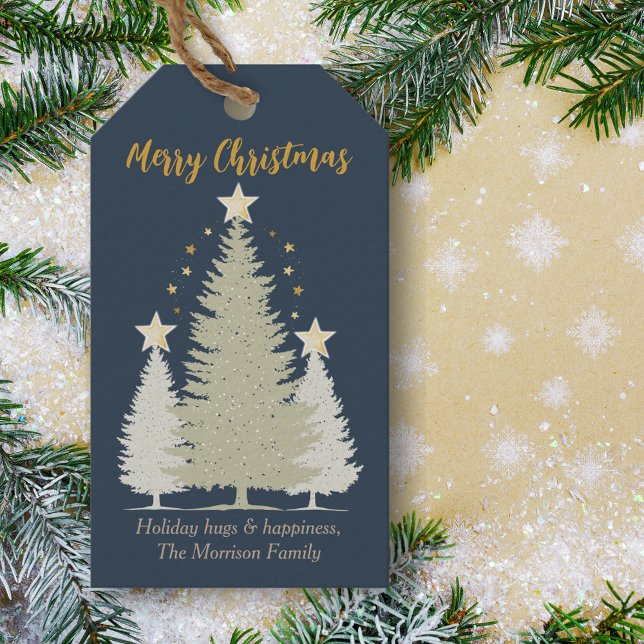 Blauer und goldener Weihnachtsbaum und Sterne Geschenkanhänger (Blue and Gold Christmas Tree and Stars Gift Tags)