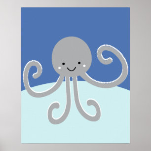 Blauer und grauer Ozeanleben-Oktopus-Kinderzimmer- Poster