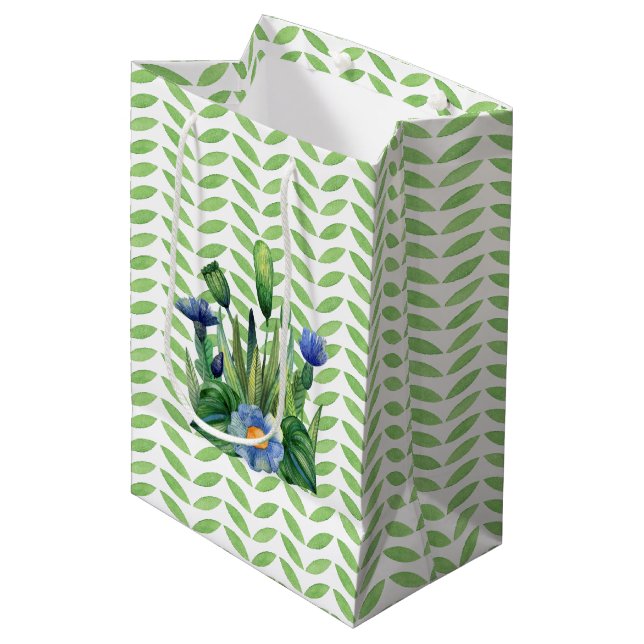 Blauer und grüner Blumengarten Mittlere Geschenktüte (Vorderseite Schrägansicht)