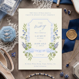 blauer und grüner Garten-Kranz-Wappen Hochzeit Einladung