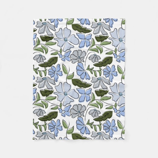 Blauer und grüner handgezeichneter Blumenblock-Dru Fleecedecke (Vorderseite)