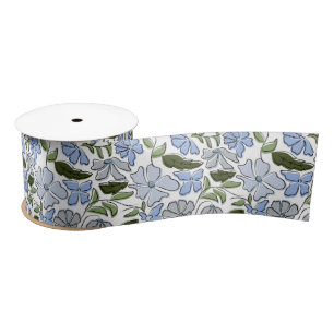 Blauer und grüner handgezeichneter Blumenblock-Dru Satinband