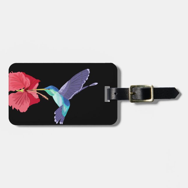 Blauer und grüner Hummingvogel und roter Hibiskus Gepäckanhänger (Vorderseite horizontal)