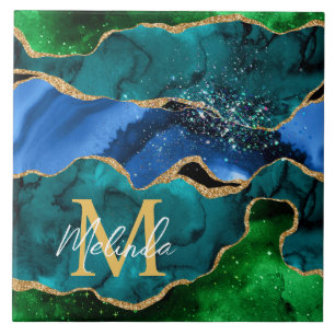 Blauer und grüner Pfau-Faux-Glitter-Achat Fliese