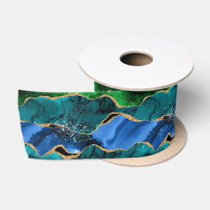 Blauer und grüner Pfau Faux Glitter Achat Satinband