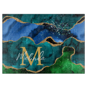 Blauer und grüner Pfau Faux Glitter Achat Schneidebrett
