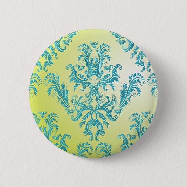 Blauer und grüner Vintager Damast Button (Vorderseite)