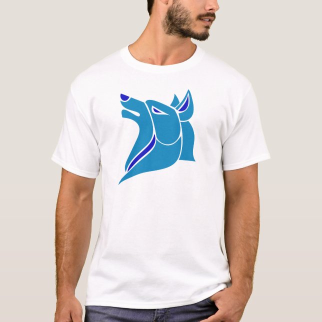 Blauer und hellblauer fester Wolf-Kopf T-Shirt (Vorderseite)
