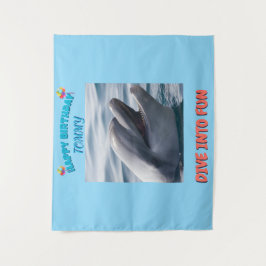 Blauer und Korallen-Delfin Geburtstagssplash Wandteppich