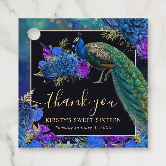 Blauer und Lila Blumenpfau 16 . Geburtstag Geschenkanhänger (Vorderseite)