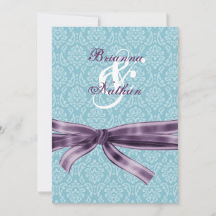 Blauer und Lila Damast und Bow-Hochzeitsvorlage Einladung