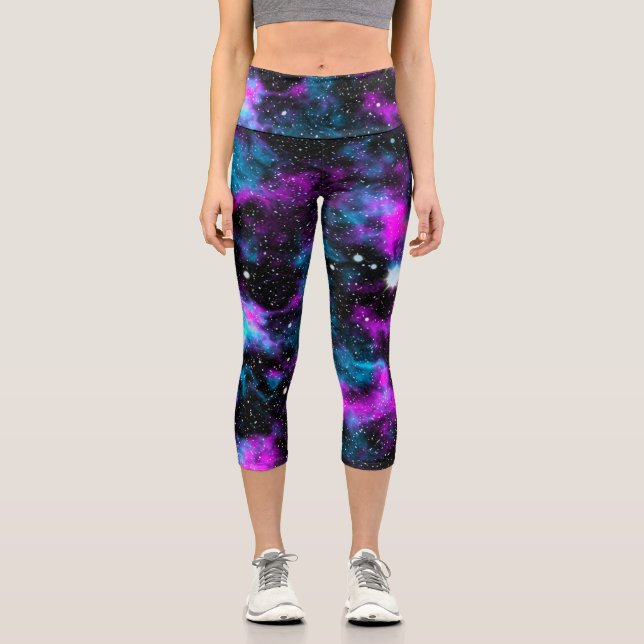 Blauer und Lila Galaxie Neon Yoga Capri Leggings (Vorderseite)