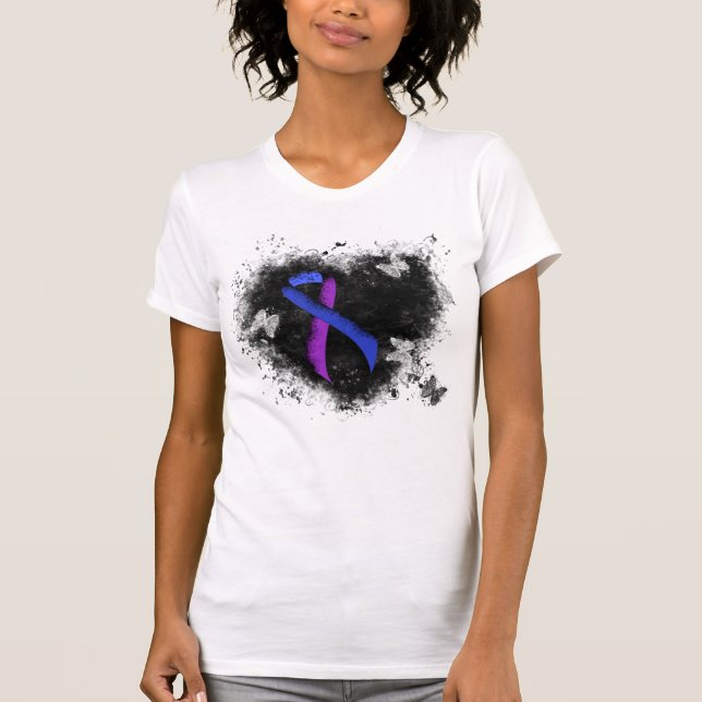Blauer und Lila Ribbon Grunge Herz T-Shirt (Vorderseite)