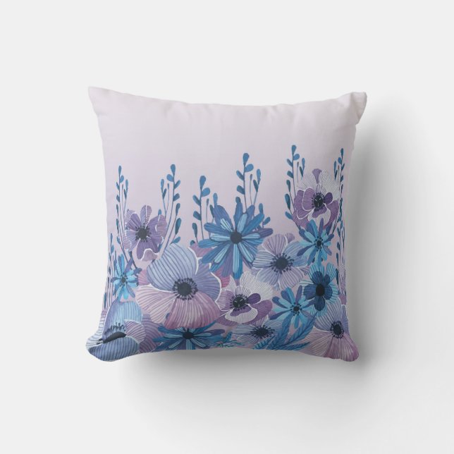 Blauer und lila Watercolorblumenthrow-Kissen Kissen (Vorderseite)