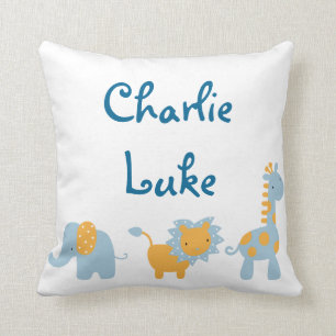Blauer und orange Elefant, Löwe und Giraffe Kissen