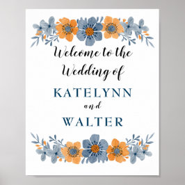 Blauer und orangefarbener Blume Begrüßungszeichen Poster