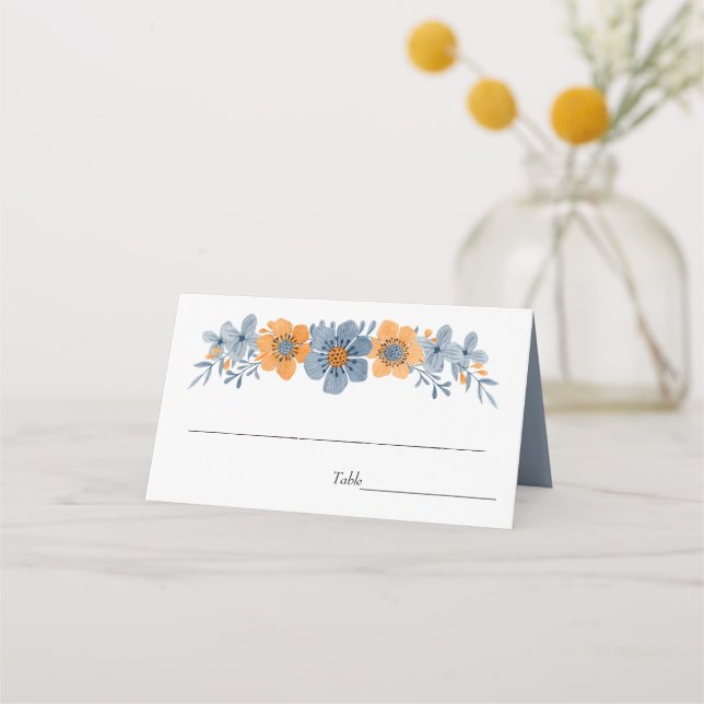 Blauer und orangefarbener Blume Hochzeitsplatz Platzkarte (Vorderseite)