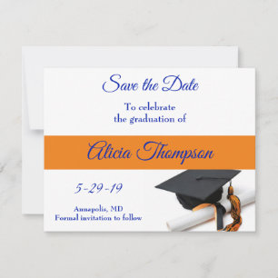 Blauer und orangefarbener Graduierungsdeckel und T Save The Date