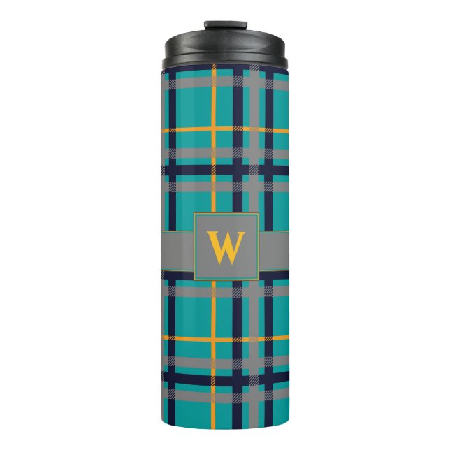 Blauer und orangefarbener Karierter Tumbler Thermosbecher (Vorderseite)