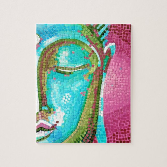 Blauer und rosa Buddha stellen Mosaik gegenüber Puzzle (Vertikal)