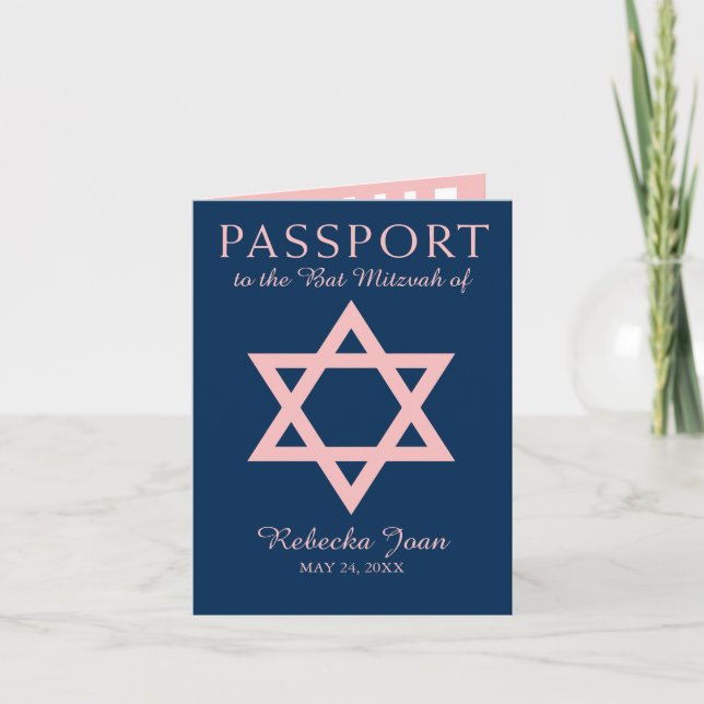 Blauer und rosa Davidsstern Schläger Mitzvah Pass Einladung (Vorderseite)