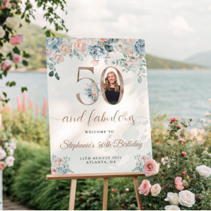 Blauer und rosa Foto 50. Geburtstag Willkommen Poster