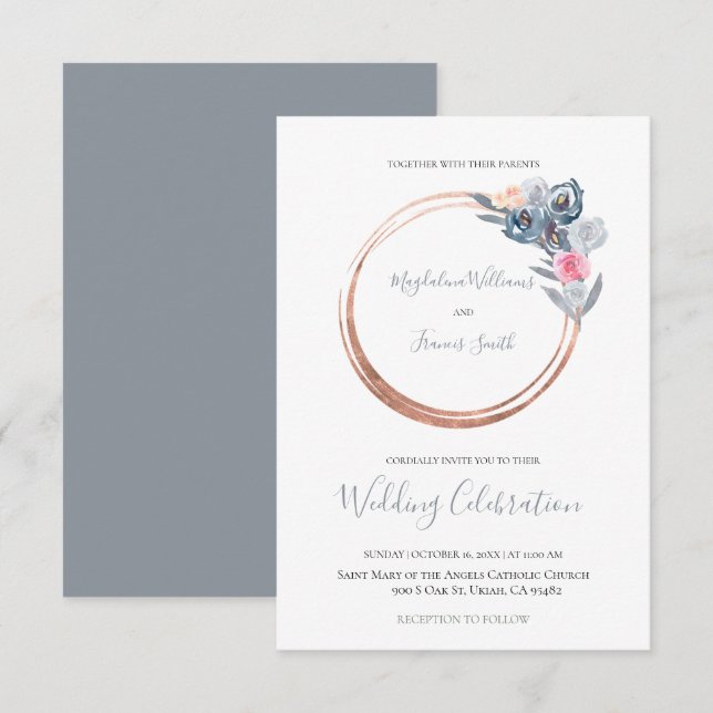 Blauer und rosa Rose Einladung (Vorne/Hinten)