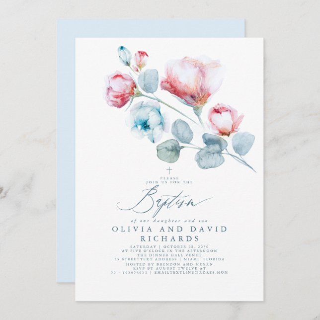 Blauer und rosa Taufe für Junge und Mädchen Einladung (Vorne/Hinten)