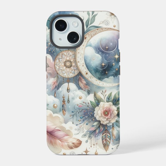 Blauer und Rosa Traumfänger iPhone 15 Hülle (Rückseite)