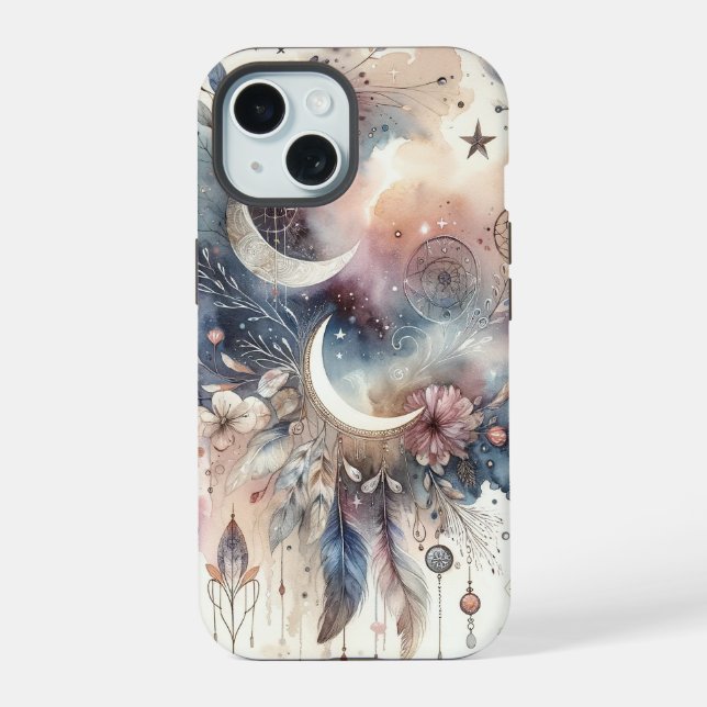 Blauer und Rosa Traumfänger iPhone 15 Hülle (Rückseite)