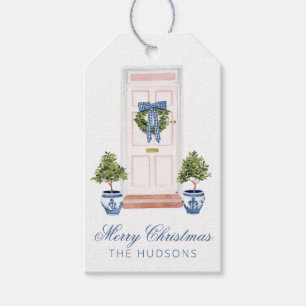 Blauer und rosa Weihnachtsbogen-Türkränze Geschenkanhänger