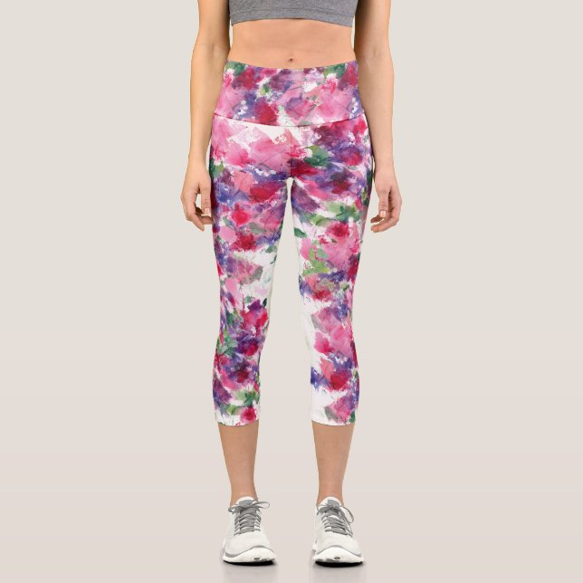 Blauer und roter Blumenverbundstoff Abstrakt Capri Leggings (Vorderseite)