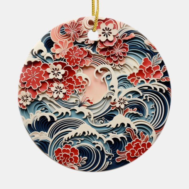 Blauer und roter Chiyogami Ornament (Vorne)