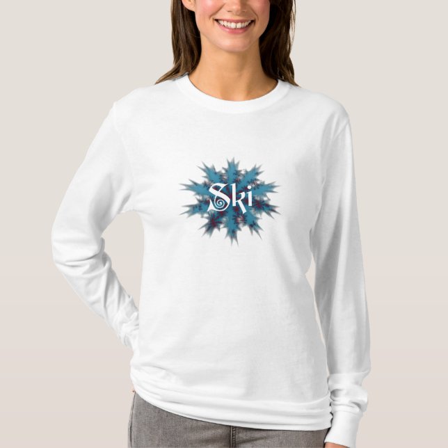 Blauer und roter Schneeflocke-Ski T-Shirt (Vorderseite)
