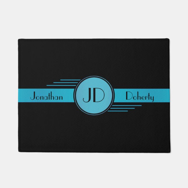 Blauer und schwarzer Monogramm-Kunst-Deko Fußmatte (Vorderseite)