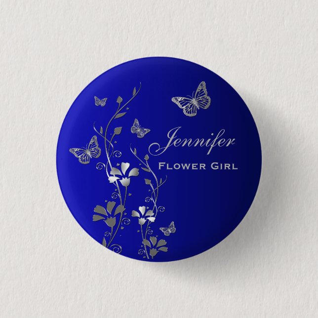 Blauer und Silberbarmherzige Blumenblume Button (Vorderseite)