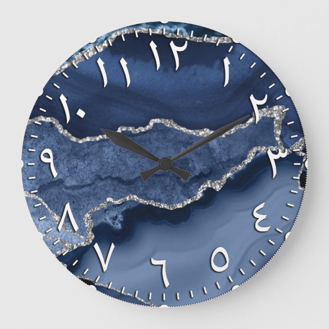 Blauer und silberer Glitzer Marmorverkleidung arab Große Wanduhr (Vorderseite)