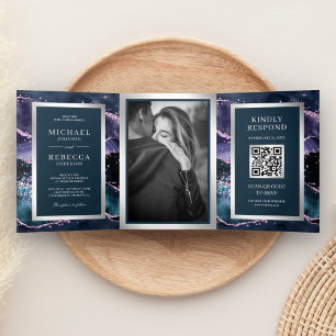 Blauer und violetter Achat-Marmor-QR-Code Hochzeit Dreifach Gefaltete Einladung