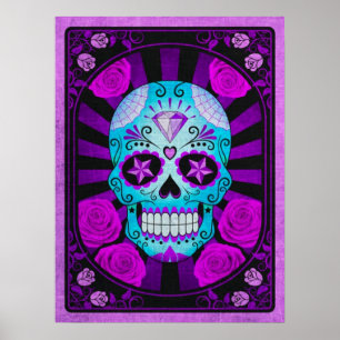 Blauer und violetter Vintage-Zuckerschädel mit Ros Poster