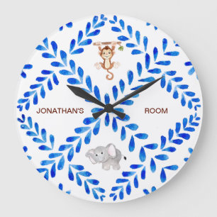 Blauer und weißer Affe Elefant Individuelle Name d Große Wanduhr
