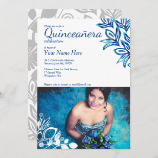 Blauer und weißer Blumenstrauß Quinceñera Foto Ein Einladung