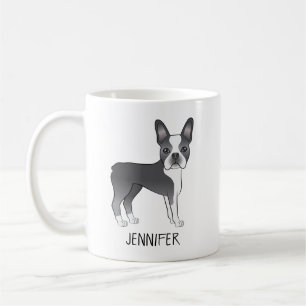 Blauer und weißer Boston-Terrier-Cartoon-Hund & Na Kaffeetasse