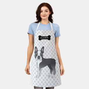 Blauer und weißer Boston-Terrier-Cartoon-Hund & Na Schürze