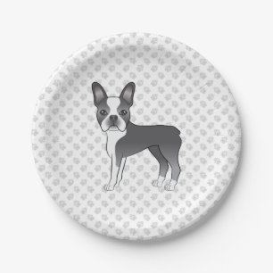 Blauer und weißer Boston-Terrier-Cartoon-Hund & Pf Pappteller
