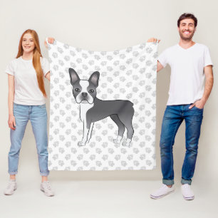 Blauer und weißer Boston-Terrier-Cartoon-Hund und Fleecedecke